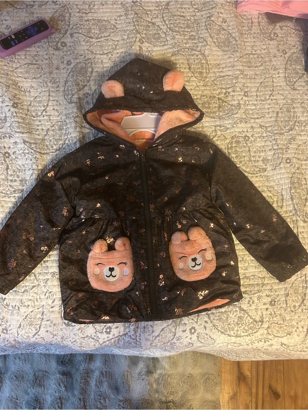 Girls' Black & Pink Bear Hooded Jacket